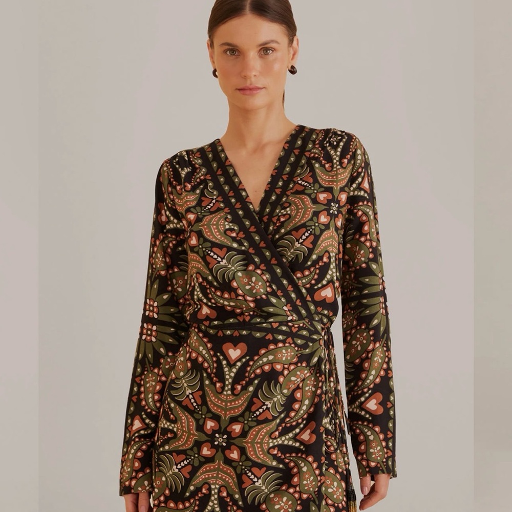 Farm Rio Black Martina Scarf Long Sleeve Wrap Mini Dress